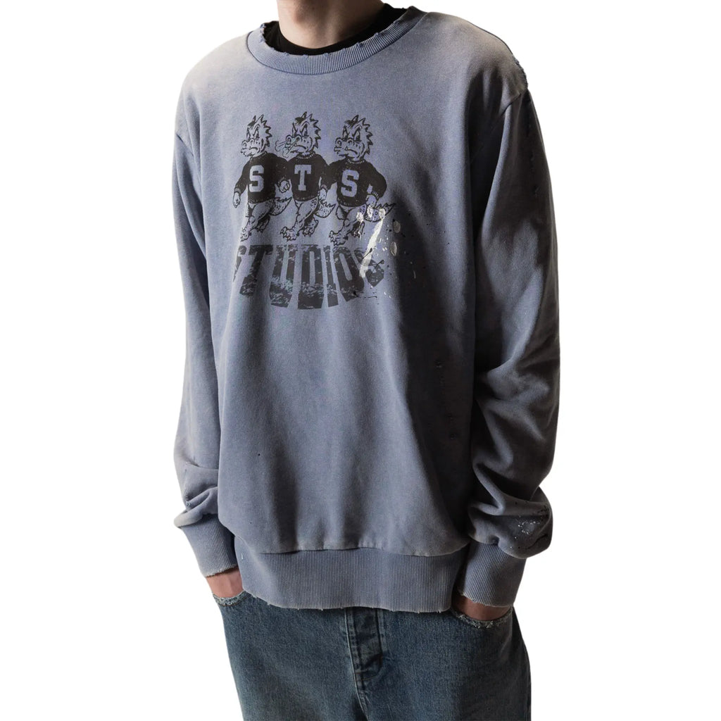 Blue Varsity Crewneck on model