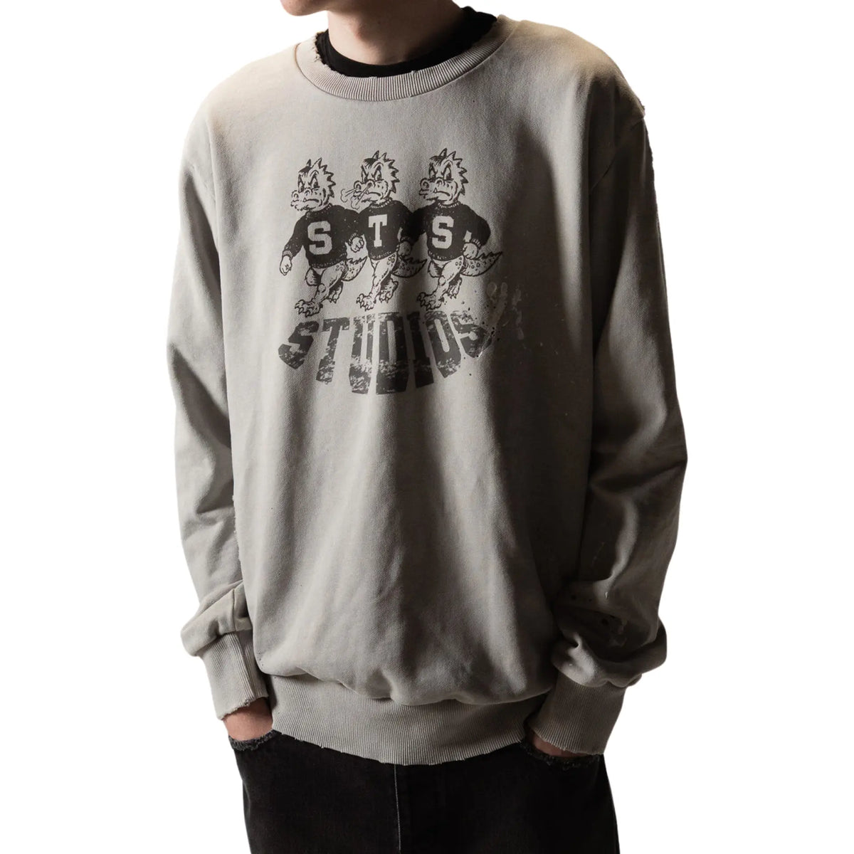 Grey Varsity Crewneck on model